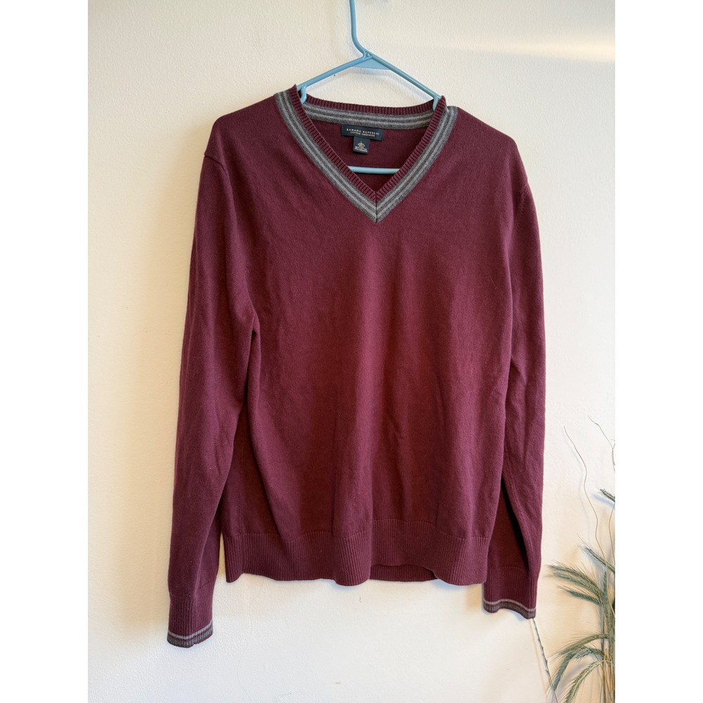 Banana Republic Mens‎ Cotton Cashmere V-Neck Sweater Burgundy Striped Trim Large